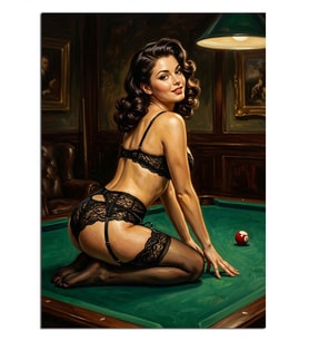 Bilardo Masasında İç Çamaşırlı Pin-up Kadın Dekoratif Kanvas - Mdf Ahşap Tablo