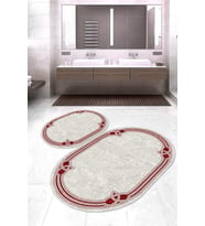 Dijital Baskılı Kaymaz Taban Yıkanabilir Oval 2'li Klozet Takımı Banyo Paspası NOKZ-HT-234 (Bordo)