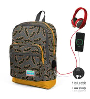 Coral High Kids Koyu Gri Hardal Yarasa Desenli Dört Bölmeli  USB Şarjlı Kulaklık Çıkışlı Okul Sırt 23821