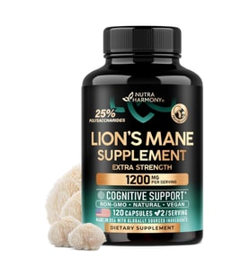 NUTRAHARMONY Organic Lions Mane - Made in USA 1200 mg Memory & Focus Support 120 Capsules.