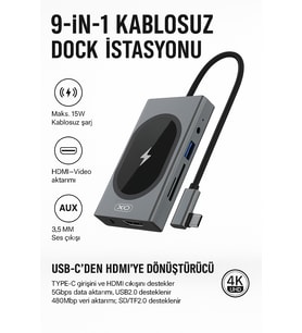 Taşınabilir Dock İstasyonu 9 in 1 HUB007 15W Kablosuz Şarj Özelliği, 2x USB 3.0 5Gbps, Ethernet 10,100,1000Mbps, Hdmi, 3.5mm Aux, SD/TF, VGA, Displayport/Mini DP, Type-C, MacBook İle Uyumlu