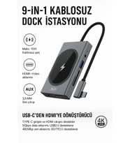 Taşınabilir Dock İstasyonu 9 in 1 HUB007 15W Kablosuz Şarj Özelliği, 2x USB 3.0 5Gbps, Ethernet 10,100,1000Mbps, Hdmi, 3.5mm Aux, SD/TF, VGA, Displayport/Mini DP, Type-C, MacBook İle Uyumlu