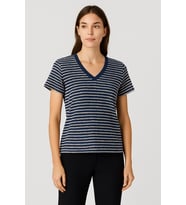 Kadın Lacivert Beyaz Çizgili V Yaka Kısa Kollu Örme T-Shirt, Bluz