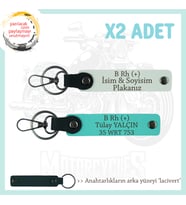 Motor Severler İçin, İsim Plaka ve B Rh (+) Kan Grubu x2' li Anahtarlık, Hediye , Beyaz-Turkuaz-Laci