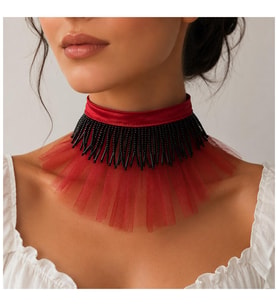 Kırmızı Organze Tül - Saten - Siyah El İşi Boncuk Kadın Choker