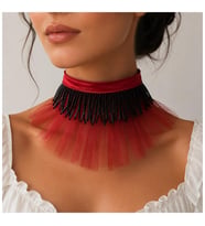 Kırmızı Organze Tül - Saten - Siyah El İşi Boncuk Kadın Choker
