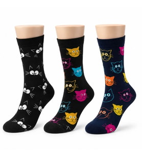 Unisex Kedi Desenli Çorap 3'lü Set Pamuklu Renkli Uzun Soket Dikişsiz Nefes Alan Rahat Günlük Çorap — Çok Renkli, 36-40
