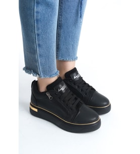 DINA Bağcıklı Fermuarlı Ortopedik Taban Kadın Sneaker Spor Ayakkabı  CST - Siyah/Altın