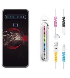 TCL 10L 10 Plus 10SE 20E 20SE 30SE L7 Kılıf Kablo Koruma Spiral Silikon Kurt ve Ay Yıldız 1403
