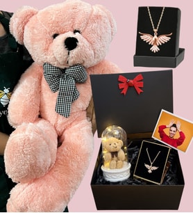 Zümdürü Anka Kuşu Kolyeli Fotoğraflı Premium Set - Büyük Pembe Peluş Ayıcıklı (Model 4)