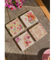Çiçek Desenli Doğal Taş Bardak Altlığı, Vintage ve Estetik Tasarım, 4’lü Set