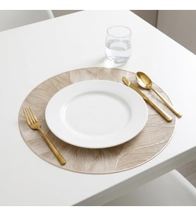 6'lı Plastik Amerikan Servis Seti, Yuvarlak 38 cm Gold Yaprak Desenli Supla, Yıkanabilir Silinebilir Tabak Altlığı, Yemek Masası Servis Sunum Matı