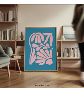 Mavi ve Pembe Soyut Botanik Duvar Sanatı