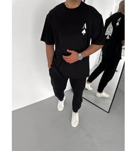 pilelistore- Unisex Bisiklet Yaka Baskılı Oversize T-Shirt - Siyah