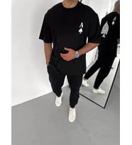 pilelistore- Unisex Bisiklet Yaka Baskılı Oversize T-Shirt - Siyah