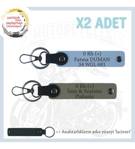 Motosiklet Aşıkları İçin, İsim Plaka ve 0 Rh (+) Kan Grubu Yazılı 2'li Anahtarlık, Kül Gri-Mavi-Laci (Çok Renkli)