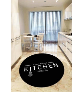 Siyah Kaymaz Kitchen Yazılı Yuvarlak Mutfak Halısı AR428