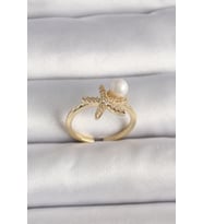 Pirinç Gold Renk Zirkon Taşlı Deniz Yıldızı Model İnci Detay Ayarlababilir Yüzük (Altın)