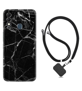 Tecno Spark 8T Kılıf Resimli Boyun Askılı İpli Desenli Silikon Fragile Black Mermer 1378