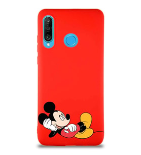 Huawei P30 Lite Soft Premier Kapak Mickey Mouse-F Tasarımlı Silikon Kılıf - Kırmızı (Şeffaf)