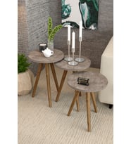 Zigon Sehpa 3 Lü Set Ahşap Torna Ayak Traverten