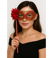 Lüks Taşlı Saplı Maskeli Balo Maskesi Kırmızı Renk 35 cm (4767)