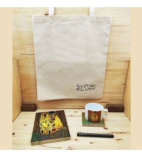 Gustav Klimt Set 5 - Çay/Kahve Fincanı-Traverten Bardak Altlığı-Kalem-Defter-Kanvas Çanta 1