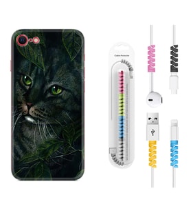 Apple iPhone 5 6 7 8 Plus Se XR Kılıf Kablo Koruma Spiral Silikon Flowers Cat 1345