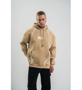 Erkek Şimşek Baskılı Kapşonlu Sweatshirt Üç İplik Pamuklu Kanguru Cepli Double Oversize Hoodie - Bej