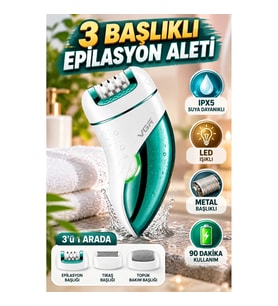 VGR 3'ü 1 Arada Epilatör – IPX5 Suya Dayanıklı, LED Işıklı, Metal Başlıklı, 90 Dakika Kullanım