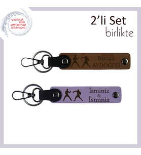 Kırmızı Eldiven Temalı, İsme Özel Yazılı 2’li Anahtarlık, Sporcuya Anlamlı Hediye, Açık Kahve-Mor