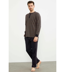 Desenli Düğmeli Yaka Pijama Takım - Siyah