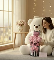 Premium 90 cm Peluş Ayı ve Silindir Kutuda, Kalpli Balonlu 6’lı Pembe Ayıcık Buketi (Beyaz)