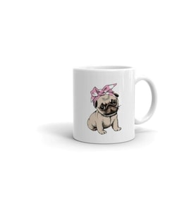 Pembe Kurdeleli Pug Baskılı Kupa/bardak