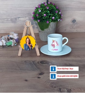 Unicorn Türk Kahvesi Fincanı Ahşap Altlıklı ve Fotoğraflı Ahşap Anahtarlık Hediye (Model 2)