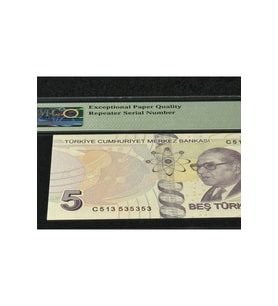 Türk Lİrası 5 TL Tekrarlanan Rakamlar SN C513 53 53 53 P 222c 2009 (ND2017) PMG 66 EPQ GEM UNC Çİ