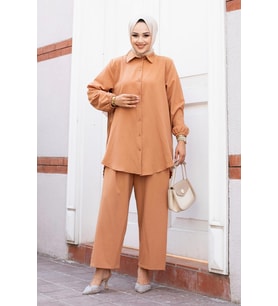 Pilise Detaylı Tesettür Camel Takım 