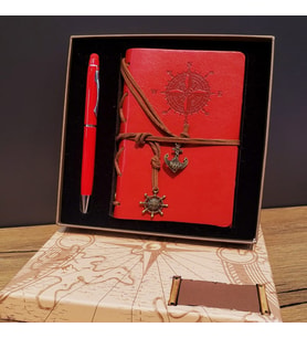 Kişiye Özel Pusula Desenli Kırmızı Defter Kırmızı  Kalem Kutulu