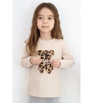 Breeze Kız Çocuk Uzun Kollu Tişört İncili Aplike Leopar Ayıcık Nakışlı 5-10 Yaş, Bej