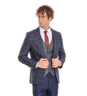 Mavi Yelekli Slim Fit Ekose Lacivert Erkek Takım Elbise - Wessi