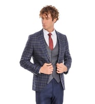 Mavi Yelekli Slim Fit Ekose Lacivert Erkek Takım Elbise - Wessi