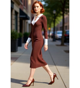 Moda Slim Casual Günlük Fitilli Triko Polo Yaka Uzun Kol Bodycone Midi Boy Elbise