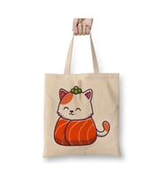 Cute Cat Sushi Salmon v2 Beyaz Bez Çanta Uzun Saplı Alışveriş Çantası Plaj Çantası