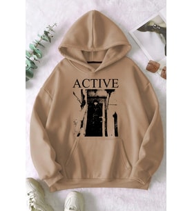 Active Baskılı Oversize Sweatshirt (Bej)