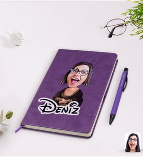 BK Gift Kişiye Özel Mona Lisa Karikatürlü Mor Termo Deri Defter Kalem Seti Model 1