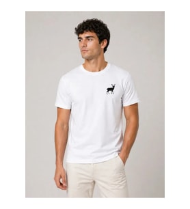 Erkek Minimal Geyik Logolu Tişört Bisiklet Yaka Kısa Kol Yazlık T-Shirt - Beyaz