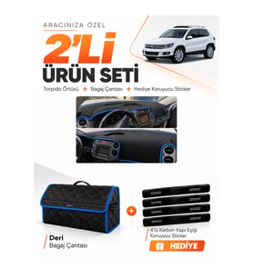 e-biz VOLKSWAGEN TİGUAN (2007-2015) Uyumlu Torpido Örtüsü + Deri Bagaj Çantası - Siyah-Mavi - VW023