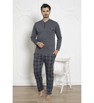 Erkek Ekose Desen Likralı Pamuk Uzun Kol Kışlık Göğüs Cepli Pijama Takımı  (Füme)