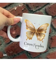 Size Özel  Sarı ve Gold Kelebek Canım Kendim Seramik Baskılı Kupa Bardaklar