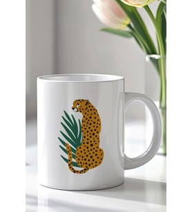 Minimal Leopar Figürlü 330ml Baskılı Beyaz Seramik Kupa Bardak